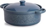 Lace Emboss Casserole Dish with Lid, 2 Quart Oven to Table Ceramic Round Serving Dish with Handles for Dinner and Party, Thanksgiving Christmas Gifts(Grayish Blue)