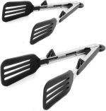 Kitchen Tongs 9 inches and 12 inches Fish Spatula Stainless Steel Locking with Silicone Tips Cooking Salad Buffet BBQ Serving Tongs Heat Resistant Meat Turner Spatula Tongs, Black