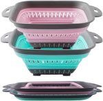 Collapsible Colander Set, Square Round Triangles Silicone Kitchen Strainer Perfect for Draining Pasta Vegetable fruit 2 PCS (10.8"L x 8.6"W x 2"H, Red & Green)