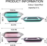 Collapsible Colander Set, Square Round Triangles Silicone Kitchen Strainer Perfect for Draining Pasta Vegetable fruit 2 PCS (10.8"L x 8.6"W x 2"H, Red & Green) - Image 2