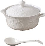 Ceramic Soup Tureen Set with Lid & Ladle - Oven-Safe for Baked Casseroles, Soups, and Stews - 2.5 L Large Volume (Flower Vine Pattern)