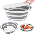 Collapsible BBQ Prep Tub with Lid, 7.5L Bottle Wash Basin with Drain Plug, Chopping Board Colander for Kitchen, Portable Camping Sink Dish Basin, Folding Dish Pan Storage Basket Picnic BBQ Accessories