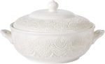 Vintage Lace Stoneware Tureen, Cream – 11" x 9.25", Embossed Lace Pattern, Durable & Dishwasher Safe, Serveware for Soups, Stews, and Side Dishes