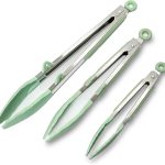 Silicone Kitchen Tongs, 3Pcs Tongs for Cooking with Silicone Tips, Food Grade Small Tongs, Mini Serving Tongs for BBQ Salad, Green, 7"+9"+12"