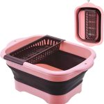 2.9 Gal(11L) Collapsible Dish Basin, Foldable Dish Tub & Dishpan for Kitchen Sink with Drain Plug, Outdoor Portable Wash Basin for Vegetable Washing, Camping, RV (Pink)