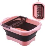 2.9 Gal(11L) Collapsible Dish Basin, Foldable Dish Tub & Dishpan for Kitchen Sink with Drain Plug, Outdoor Portable Wash Basin for Vegetable Washing, Camping, RV (Pink)