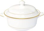 Bone China Soup Tureen with lid, 2.97QT, Gold Rim, Big Soup Bowl, 2pc set, Serveware, Big Serving Bowl, Elegant Ceramic/Porcelain, White, Translucent, Modern, Simple and resistant, Greeting dinnerware