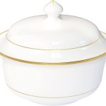 Bone China Soup Tureen with lid, 2.97QT, Gold Rim, Big Soup Bowl, 2pc set, Serveware, Big Serving Bowl, Elegant Ceramic/Porcelain, White, Translucent, Modern, Simple and resistant, Greeting dinnerware