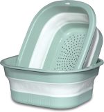 Collapsible Dish Basin with Colander, Foldable 2-in-1 Dish Pan and Strainer Set with Drain Holes, Portable Wash Basin for Kitchen Sink, Camping, Travel & RV (Green)