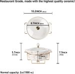 8.7" Ceramic Casserole Dish with Glass Lid and Gold rack, 2 Quart Serving Soup Tureen, for Buffet, Family Food preserve Tray, Catering Casserole for Party Style - Image 2