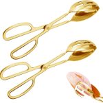 2 Pieces Buffet Salad Tongs for Kitchen Serving and Cooking, Stainless Steel Food Scissor Tongs, Catering Utensil for Bread Cake Bake Steak Barbecue (Gold)