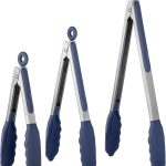 600ºF Heat Resistant Kitchen Tongs:  7/9/12 inch Silicone Cooking Tong Set with Non Stick Rubber Tips and Silicon Coated 18/8 Stainless Steel Handle for Serving Grilling Salad(Midnight Blue)
