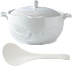 White Ceramic Soup Tureen with Lid, Large Porcelain Serving Soup Bowl with Handle and Spoon, Round Soup Pot for Home Kitchen Restaurant, Microwave and Dishwasher Safe,3L/2.75Quart