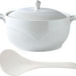 White Ceramic Soup Tureen with Lid, Large Porcelain Serving Soup Bowl with Handle and Spoon, Round Soup Pot for Home Kitchen Restaurant, Microwave and Dishwasher Safe,3L/2.75Quart