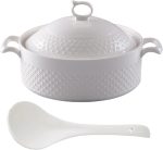 Ceramic Covered Tureen for Soup, White Soup Tureen with Gold Design Double Handle Soup Serving Bowl with Spoon Porcelain Serving Soup Tureen for Restaurant Home Kitchen Decoration,White