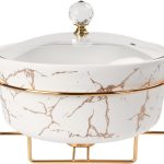 8.7" Ceramic Casserole Dish with Glass Lid and Gold rack, 2 Quart Serving Soup Tureen, for Buffet, Family Food preserve Tray, Catering Casserole for Party Style