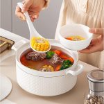 White Soup Tureen with Gold Design,Double Handle Soup Serving Bowl with Lid and Spoon Bone China Tableware,1.5L - Image 2