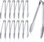 12 Pieces Buffet Tongs 7'' Serving Tongs Heavy Duty Stainless steel Kitchen and BBQ Utility Tong (Silver, 7inch)