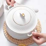 White Soup Tureen with Gold Design,Double Handle Soup Serving Bowl with Lid and Ladle Bone China Tableware,3.2L - Image 2