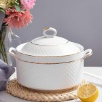 White Soup Tureen with Gold Design,Double Handle Soup Serving Bowl with Lid and Ladle Bone China Tableware,3.2L