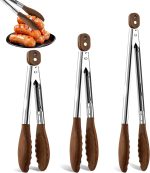 Wooden Tongs for Cooking Set of 3-7, 9, 12 inch Natural Walnut Kitchen Tongs with Stainless Steel, Heat Resistant Non-Scratch Utensils for Grilling, Serving, Salad, BBQ