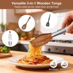 3-in-1 Wooden Tongs for Cooking Set of 2 (9", 12") Natural Walnut Wood kitchen Tongs & Pasta Tongs for Cooking, Pasta, Salad, Grilling More | Stainless Steel Non-Slip Grip, Heat Resistant, Pull Lock - Image 2