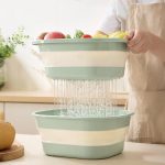 Collapsible Dish Basin with Colander, Foldable 2-in-1 Dish Pan and Strainer Set with Drain Holes, Portable Wash Basin for Kitchen Sink, Camping, Travel & RV (Green) - Image 2