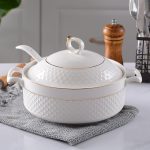 White Soup Tureen with Gold Design,Double Handle Soup Serving Bowl with Lid and Spoon Bone China Tableware,1.5L