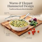 Hammered 10 Inch Non Stick Frying Pans with Lid, Frying Pans Nonstick with Lid, Healthy and Non Toxic Ceramic Pan for Cooking, Nonstick Frying Pan, Induction Pan, Dishwasher Safe – Cream - Image 2